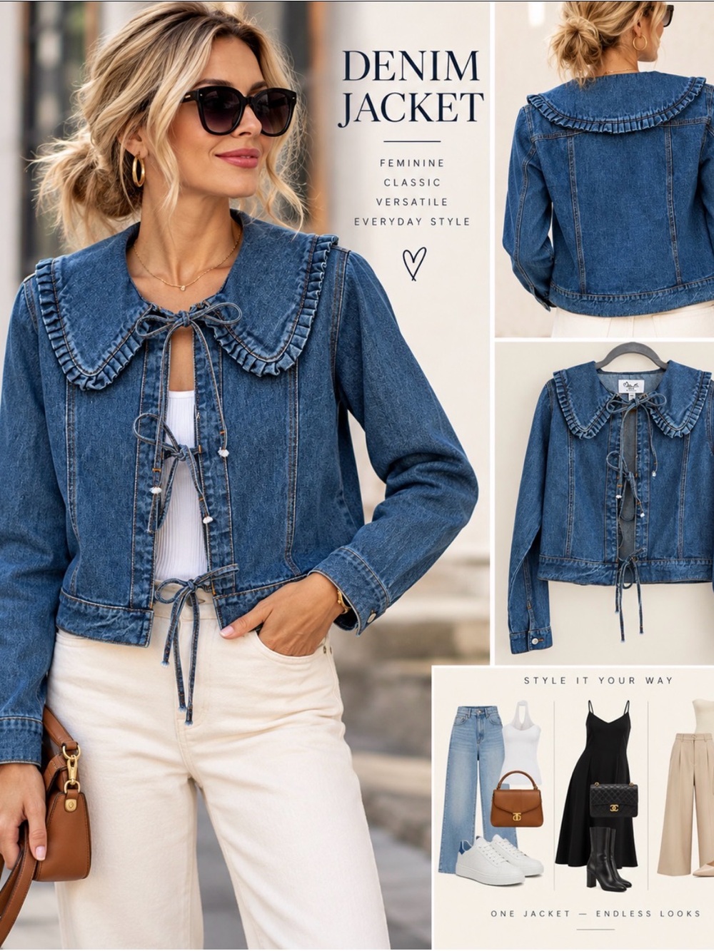 Denim Jacket with Ruffled Collar - Blue size S